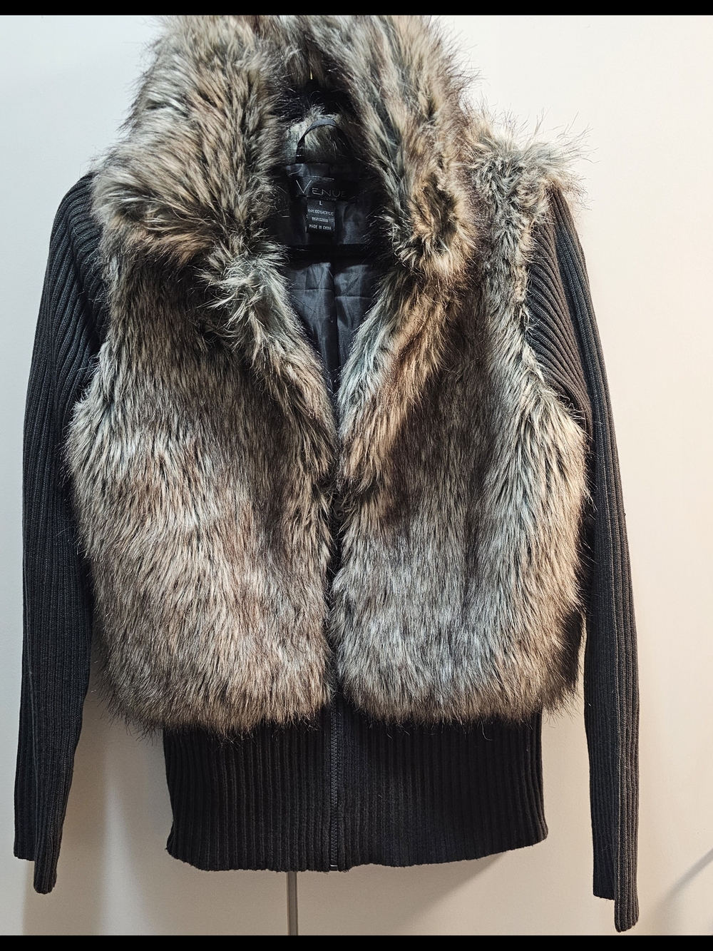 VENUS Faux Fur Front Knit Jacket - Brown/Black